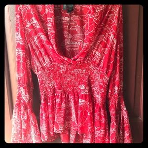Red & White BOHO Blouse W/ Statement Sleeves-Sz 12